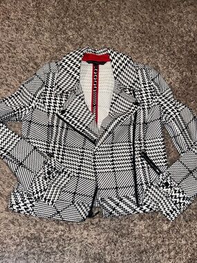 WHBM Black & White Houndstooth Moto Jacket with Red Collar - Women